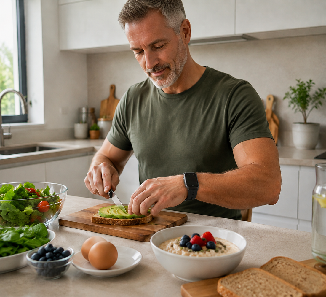 A man wearing a blood pressure watch is eating breakfast.